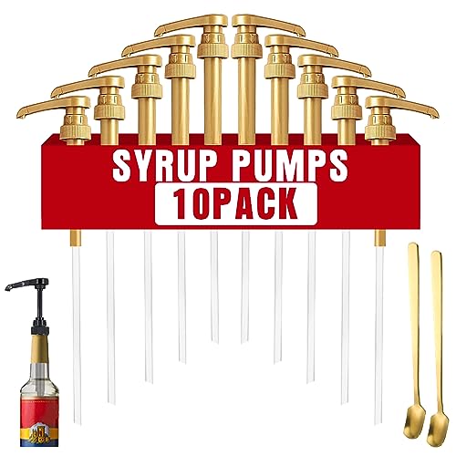 10 Pcs Gold Coffee Syrup Pumps, Compatible with 25.4 Oz/750ml Bottles, Great for Home & Coffee Bar Drinking Mixes, Tea, Beverage, Cocktails, Free Spoons