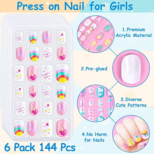 144 Pieces Press on Nails Grils, Thrilez Children Fake Artificial False Nail Tips Pre Glue Full Cover Short Acrylic Nails for Girls Kids Nail Art Decoration (Rainbow Sky)