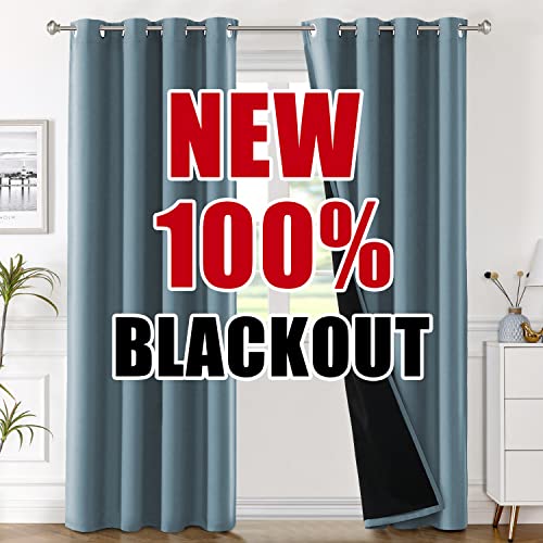 H.VERSAILTEX 100% Blackout Curtain Panels 84 Inches Long Thermal Insulated Blackout Lined Curtains for Bedroom Two Layers Full Light Blocking Drapes for Living Room, 2 Panels, Stone Blue