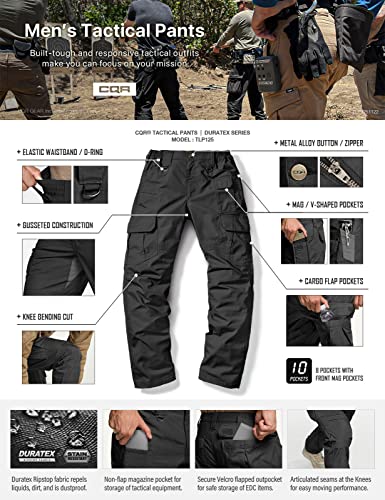 CQR Men's Tactical Pants, Water Resistant Ripstop Cargo Pants, Lightweight EDC Work Hiking Pants, Outdoor Apparel, Duratex Mag Pocket Black, 34W x 30L