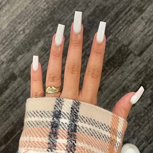 Kamize Extra Long Press on Nails Square White Fake Nails Design Acrylic Full Cover Artificial False Nails for Women and Girls 24PCS