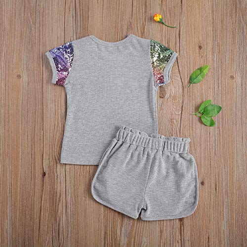 Nie Cuimeiwan Toddler Baby Girl Summer Clothes Sequins Pocket Top T-Shirts Shorts Set Mamas Little Cowgirl Outfit (Style-A Grey, 3-4T)