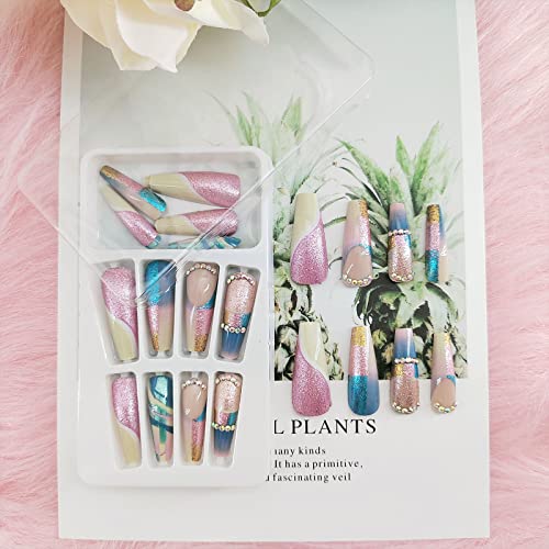 Extra Long Press on Nails Coffin Fake Nails Full Cover False Nails with Colorful Sequins Designs Acrylic Stick on Nails Rhinestones Matte with Glue on Nails for Women 24Pcs