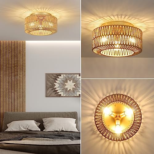 PAUFUL Boho Light Fixtures Ceiling Mount, 3-Light Farmhouse Rattan Ceiling Light Fixture, Flush Mount Ceiling Light with Hand-Woven Shade, Modern Chandelier for Living Bedroom Entryway Kitchen Nursery