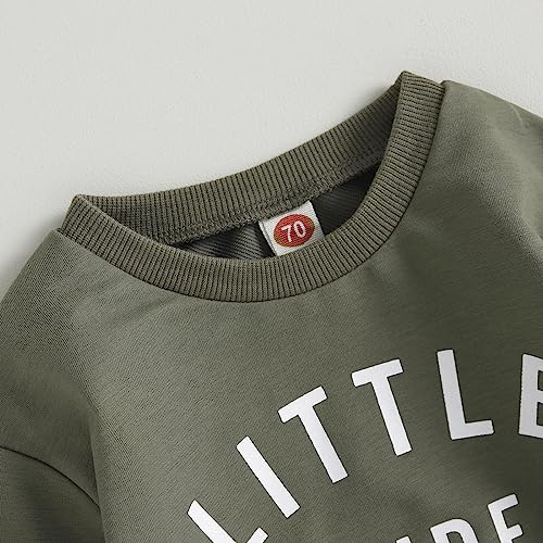 Baby Toddler Boys Fall Winter Outfits Little Dude Letter Printed Long Sleeve Sweatshirts Pants 2Pcs Clothes Set (Army Green, 0-6 Months)