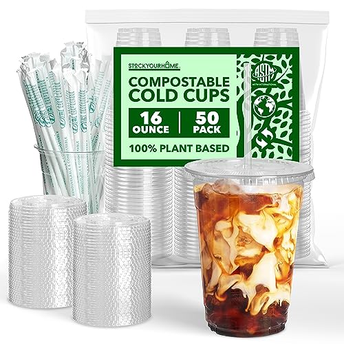 Stock Your Home 16 oz Clear Compostable Cups with Lids and Straws (Set of 50) Plant Based Biodegradable Cold Cups No Plastic Eco Party Cup, Environmentally Friendly Recyclable Disposable Sustainable