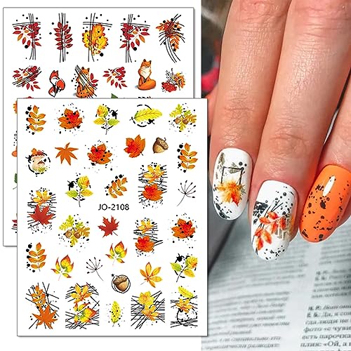 8 Sheets Fall Nail Art Stickers Decals,3D Fall Maple Leaf Nail Decals Self-Adhesive Nail Art Supplies Maple Leaves Mushroom Nail Designs Stickers Thanksgiving Day Decorations for Women DIY Nail Art