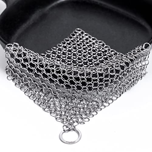 AMAGABELI GARDEN & HOME 8"x6" Stainless Steel Cast Iron Cleaner 316 Chainmail Scrubber for Cast Iron Pan Pre-Seasoned Pan Dutch Ovens Waffle Iron Pans Scraper Cast Iron Grill Scraper Skillet Scraper