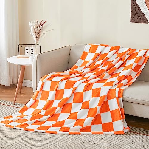 BEDELITE Checkered Throw Blanket for Couch and Bed, Luxurious Decorative Fleece Blanket with Checkerboard Grid Home Decor, Soft and Cozy Orange and White Fall Throw Blanket, 50"x60"