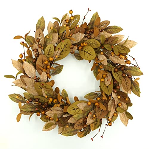 WreathDream 20'' Fall Wreath Autumn Wreath for Front Door with Brown Magnolia Leaves and Small Pomegranate Fruits for Home Outdoor Farmhouse Porch Wall Window Decoration,Brown Gift Box Included