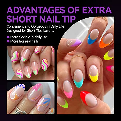 Gelike ec Short Almond Nail Tips: XS Soft Gel Tips Almond Shaped Full Cover Gel X Nails Pre Etched for Extensions - PMMA Resin Clear Strong False Press on Nails 120PCS 12 Sizes, EXTRA SHORT ALMOND