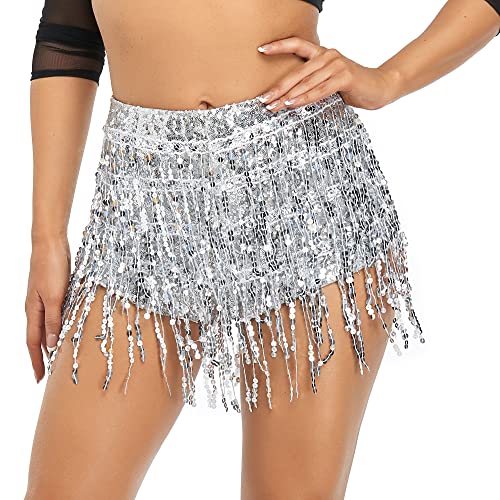 Women's Sequins Tassel Skirts Shorts Rave Festival Bottoms Silver