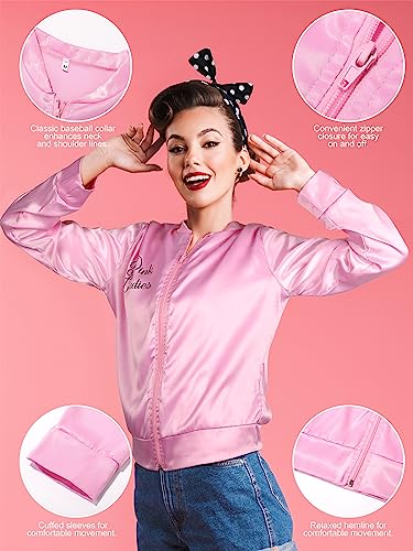 AOTHSO 1950s Pink Satin Jacket with Headband Scarves Earrings Glasses for Women 8 Pieces Halloween Adults Cosplay Costume Set