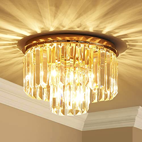 AGV LIGHTING CL006G Crystal Ceiling Light Fixture, Modern Semi Flush Ceiling Light, D12 x H8, E12 Base 3-Lights, Gold Finish