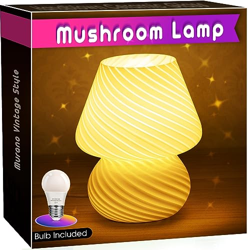 Briignite Mushroom Lamp, Glass Table Lamp Murano Vintage Style Mushroom Design, Replaceable 9W Warm Light Bulb Included, Perfect Desk Lamp for Home Decor in Bedroom, Living Room, Office