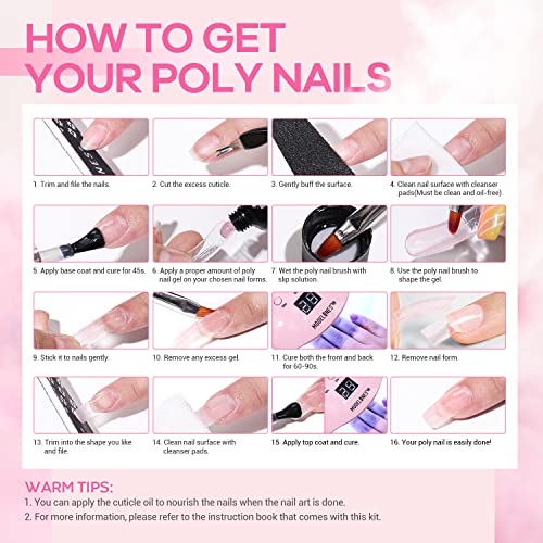 Modelones Poly Nail Gel Kit - 6 Colors with 48W Nail Lamp Poly Extension Gel Clear Pink Nude White Builder Nail kits with Slip Solution Glitter All In One Nail Kit for Starter Nail Art Supplies Kit