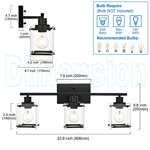 MELUCEE 3 Light Bathroom Lights Over Mirror Black Vanity Lighting Fixtures with Rectangular Clear Glass, Modern Bathroom Light Fixtures Wall Mount Lamp for Bath Powder Room Bedroom