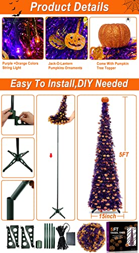 [ Orange & Purple Lights ] 5 Ft Halloween Black Tree Timer DIY 50 Lights Battery Operated Pumpkin Top Sequin Tinsel Artificial Pop Up Pencil Scary Halloween Decoration Home Indoor Outdoor