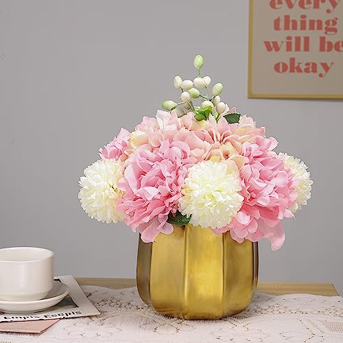 NAWEIDA Artificial Flowers in Vase,Faux Hydrangea Flower Arrangements for Home Office Decoration, Dining Table Centerpiece-Pink