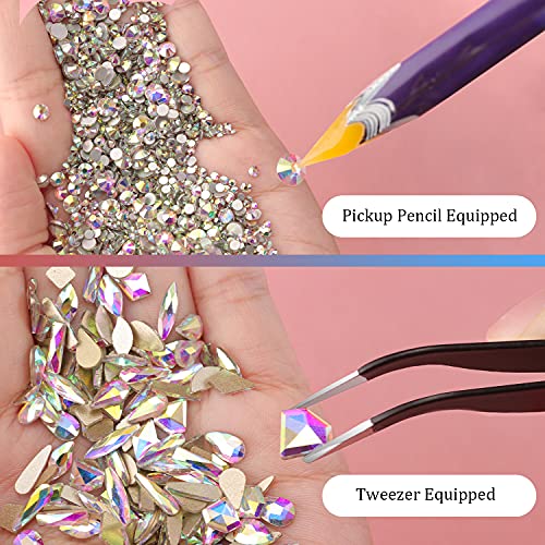 Multi Shapes 3D Glass AB Crystal Nail Art Rhinestones Kit with Flatback Round Bead Charm Gem Stone Jewelry Diamond with Pickup Pen + Tweezer for Manicure Craft Decoration by BELLEBOOST (Iridescent)