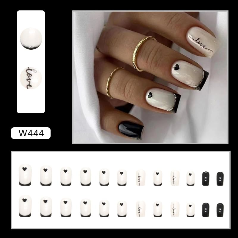 Diduikalor White Black Heart Press On Nails Square, Cute French Acrylic Nails Press on for Women Girls DIY Nail Manicure, Includes Prep Pad, Mini File, Cuticle Stick, Glue, Jelly Glue and 24 Fake Nails