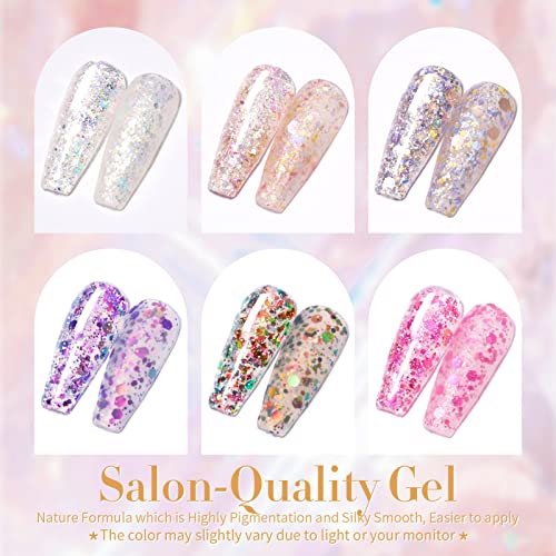 Born Pretty Glitter Sequins Gel Nail Polish Sparkly Shiny Pink Yellow Blue Green Gel Nail Polish Kit Soak Off UV Nail Gel Gift Box Nail Art Manicure Varnish Kit 10ML 6PCS