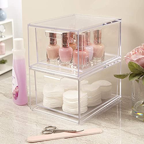 STORi Audrey Stackable Clear Bin Plastic Organizer Drawers | 2 Piece Set | Organize Cosmetics and Beauty Supplies on a Vanity | Made in USA