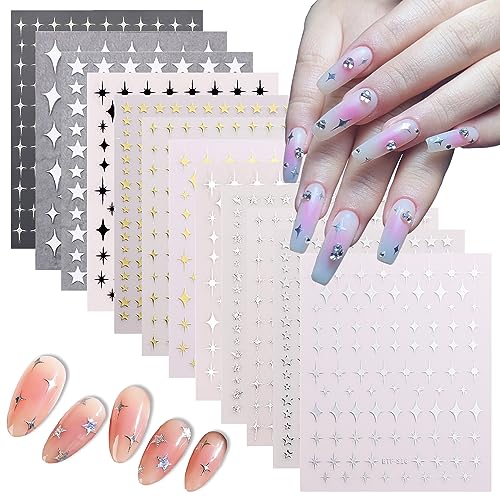 Eseres 12 Sheets Star Nail Art Stickers Decals Metallic Self-Adhesive Shinning Stars Designs for Nail Art Holographic Nail Supplies Decoration for Women Girls