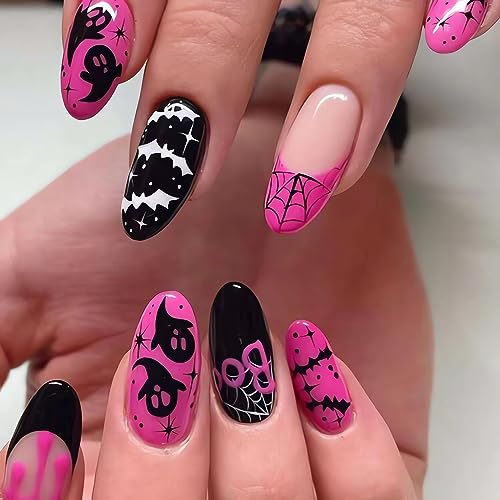 Halloween Press on Nails Medium Pink Halloween Fake Nails Full Cover Ghost Bat Blood Spider Web Halloween Glue on Nails Halloween Medium Almond Nails for Women Halloween Nail Decorations, 24Pcs