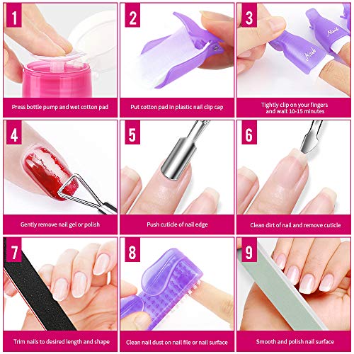 FANDAMEI Nail Polish Gel Remover Tools Kit, 10 Pcs Purple Nail Clips, 100ml Nail Polish Remover Bottle, 500 Pcs Remover Cotton Pad, Nail Brush, Cuticle Pusher, Cuticle Peeler, Nail File, Buffer Block