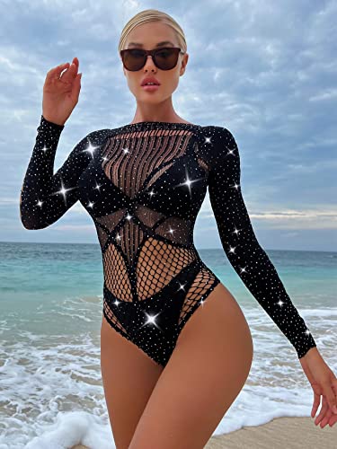 Milumia Women's Fishnet Rhinestone Bodysuit Top Cut Out Sexy Mesh Teddy Bodysuit