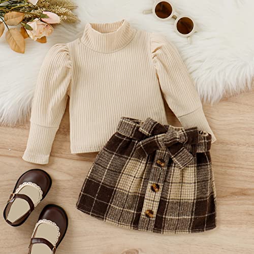 Fernvia Toddler Baby Girl Fall Winter Skirt Set Turtleneck Ribbed Long Sleeve T-Shirt Top & Plaid Skirts Dress 2Pcs Outfits (J Beige, 12-18 Months)