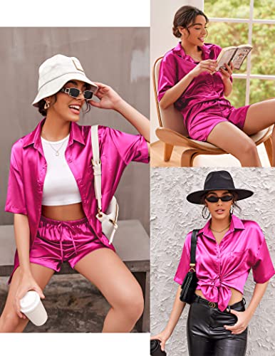 Ekouaer Lounge Sets for Women Two Piece Silky Satin Pajamas Short Sleeve Sleepwear Set Casual Short Loungewear Soft Pjs Set Rose,S