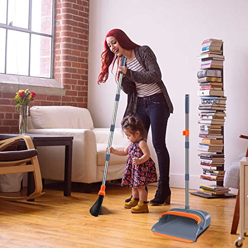 kelamayi Upgrade Stand Up Broom and Dustpan Set, Self-Cleaning with Dustpan Teeth, Ideal for Dog Cat Pets Home Use, Super Long Handle (Gray&Orange)