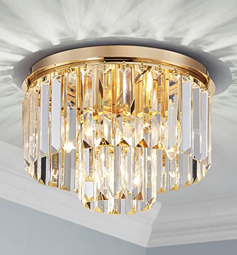 AGV LIGHTING CL006G Crystal Ceiling Light Fixture, Modern Semi Flush Ceiling Light, D12 x H8, E12 Base 3-Lights, Gold Finish