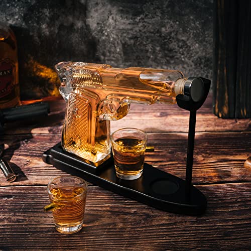 Gifts for Men Dad Whiskey Decanter Set 9 Oz with Two 2 Oz Glasses, Pistol Gun Unique Birthday Gift Ideas Daughter Son, Home Bar Gifts, Drinking Accessories Funny Military Present Cool Dispenser