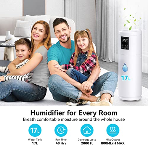 Humidifiers for Large Room Wholehouse Humidifier 2000 sq.ft.Honovos 17L/4.5Gal Ultrasonic Cool Mist Large Humidifier with Extension Tube,tower Humidifiers Top Fill Humidifier Bedroom Humidifier with 360°Nozzles 4 Speed Quite for Home Plant Office Commerci