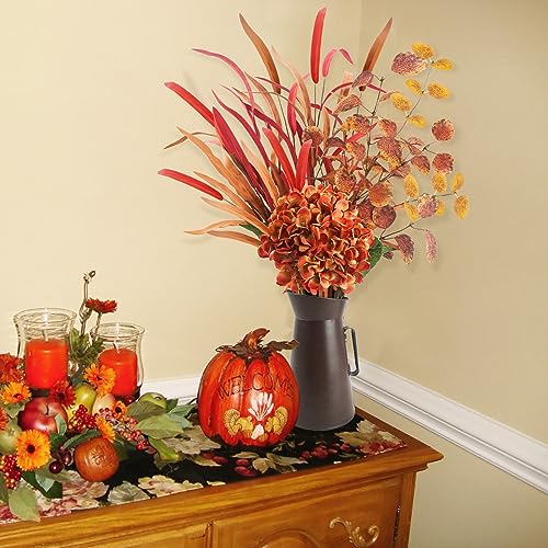 unlemoni Artificial Fall Flowers with Metal Pot, Orange Silk Fall Leaves Stems with Hydrangea & Eucalyptus for Autumn Thanksgiving Flowers Arrangement Wedding Table Centerpiece Fall Home Decorations