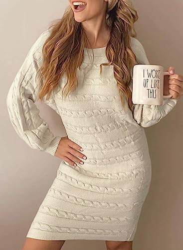 Dokotoo Womens Sweaters Fall Winter Off The Shoulder Sweater Dress Long Sleeve Knit Casual Oversized Pullover Sweater Dresses Soft Loose Mini Dress 2023 Trendy Outfits Apricot Small