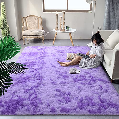 DweIke Large Fluffy Area Rugs for Bedroom Living Room, 6x9 Feet Indoor Carpets for Boys Girls Teenagers and Adults, Tie-Dyed Fuzzy Rugs, Super Soft Kids' Rugs, Nursery Decor Rugs, Purple