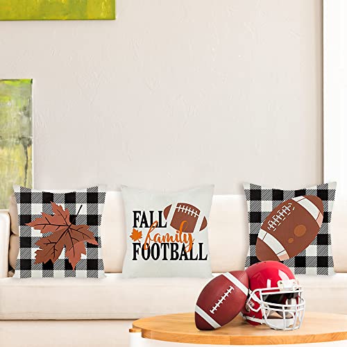 WATINC 4Pcs Fall Football Throw Pillow Covers Y’all Family Maple Leaves Buffalo Check Pillowcase Autumn Linen Cushion Cases Thanksgiving Farmhouse Party Decorations for Sofa Couch Bed Car 18 x 18 Inch