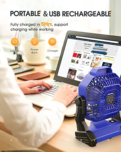 Portable Fan Rechargeable, 10400mAh Battery Operated Powered Fan, Outdoor Camping Fan with Light & Hook, tent fan, Personal USB Desk Fan for Bedroom, Table, Home, Office, Tent, Travel