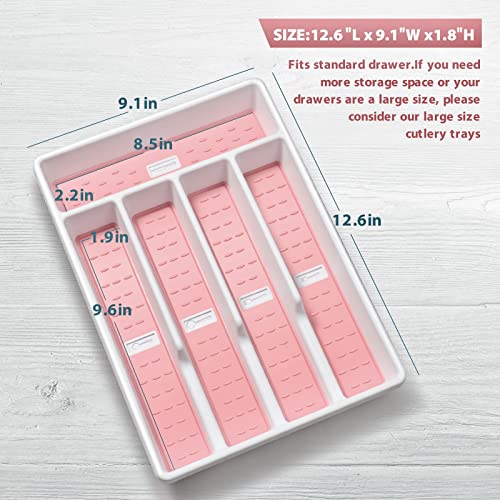 Joequality Silverware Organizer with Icons，Plastic Cutlery silverware Tray for Drawer，Utensil Flatware Tableware Organizer for Kitchen with Non-slip TPR,Fits Standard Drawer,5-Compartment,Pink