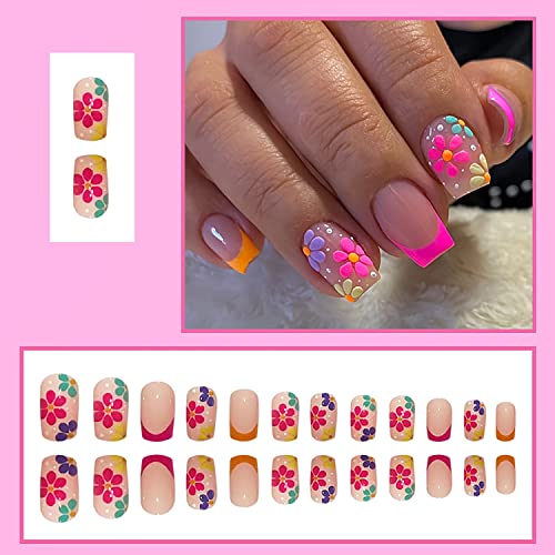 24 Pcs Summer Press on Nails Medium Square Fake Nails Colored Flowers Design Glossy Acrylic Nails French Tip False Nails with White Dots Stick on Nails Artificial Nails for Women and Girls DIY