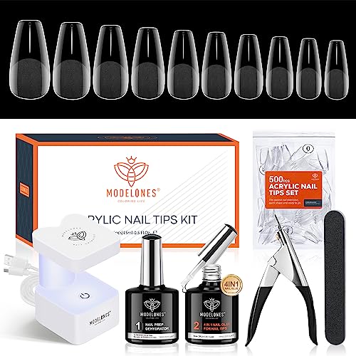 modelones Nail Tips and Glue Gel Kit, Gel x Nail Kit with 4 in 1 Nail Glue, 500Pcs Nail Tips Half Matte Medium Coffin Shape, Mini LED Nail Lamp, Nail Dehydrator for Easy, Fast Extension Nail Art