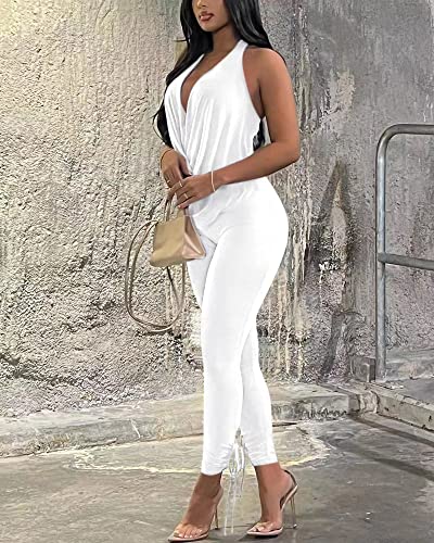 Doweha Women's Sexy Summer Two Piece Outfits Sleeveless Backless Deep V Neck Tank Tops And High Waisted Pants Matching Sets Tracksuit White XL