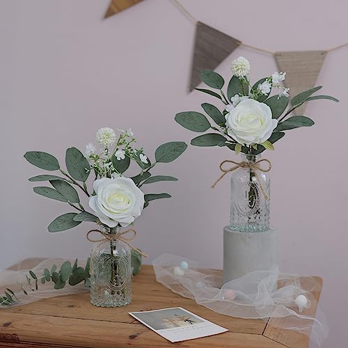 YXZZWL Faux Flowers with Bud Vase,Mini Artificial Silk Roses and Fake Eucalyptus in Glass Vase for Wedding Party Dining Table Centerpiece Decorations Office Farmhouse Home Decor (White)