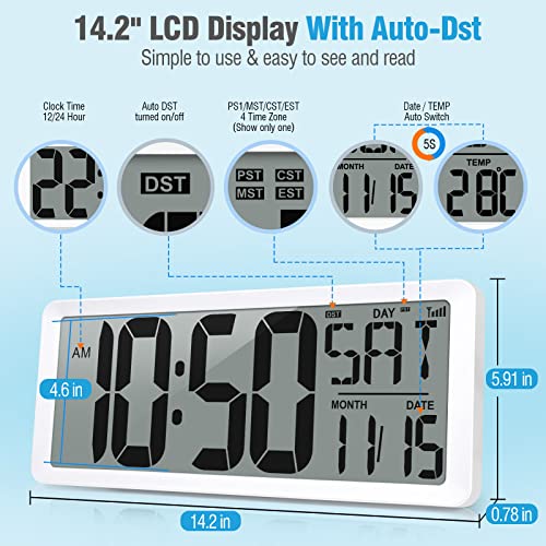 TXL Atomic Clock with Backlight, 14.2" Digital Wall Clock Large Display, Battery Operated Digital Alarm Clock with Day, Date & Temperature, Count Up Down Timer Clock for Home, Office