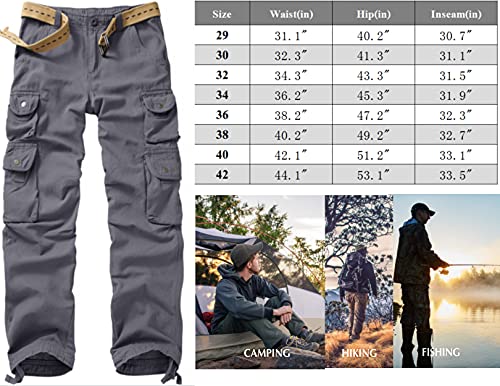 Raroauf Men's Cotton Casual Cargo Pants,Outdoor Hiking Army Military Wild Workwear Trousers with 10 Pockets Dark Grey Size 36