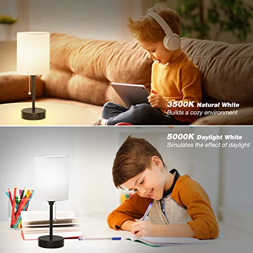 Small Bedroom Lamps with USB C and A Ports 3 Color Temperatures - 2700K 3500K 5000K Pull Chain White Nightstand Bedside Table Lamps with AC Outlet, Metal Base for Kids Reading